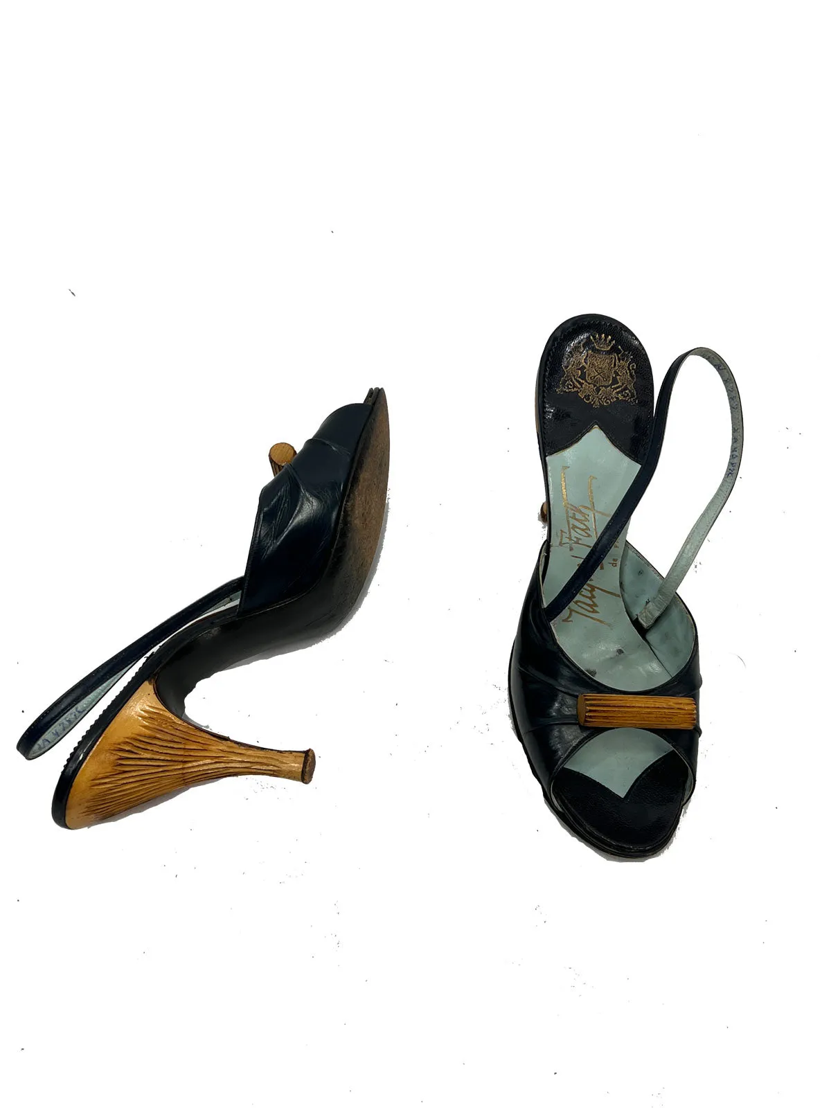 50s Open Toe Slingback Heels Vintage Shoes Carved Wood Trim Jacques Fath Paris VFG