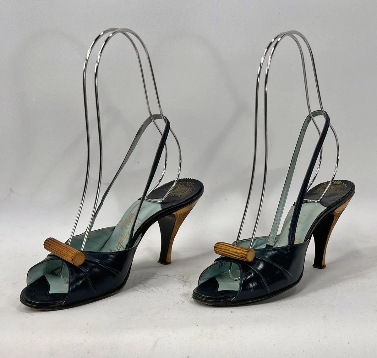 50s Open Toe Slingback Heels Vintage Shoes Carved Wood Trim Jacques Fath Paris VFG