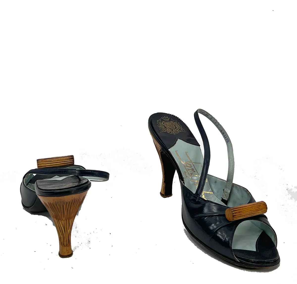 50s Open Toe Slingback Heels Vintage Shoes Carved Wood Trim Jacques Fath Paris VFG