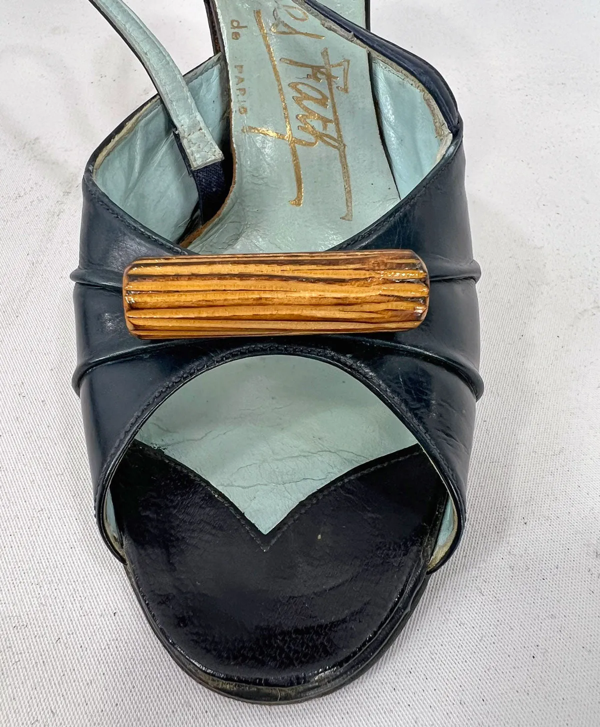 50s Open Toe Slingback Heels Vintage Shoes Carved Wood Trim Jacques Fath Paris VFG