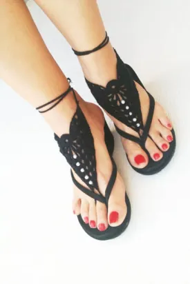 Black Pearl Embellished Crochet Barefoot Sandals
