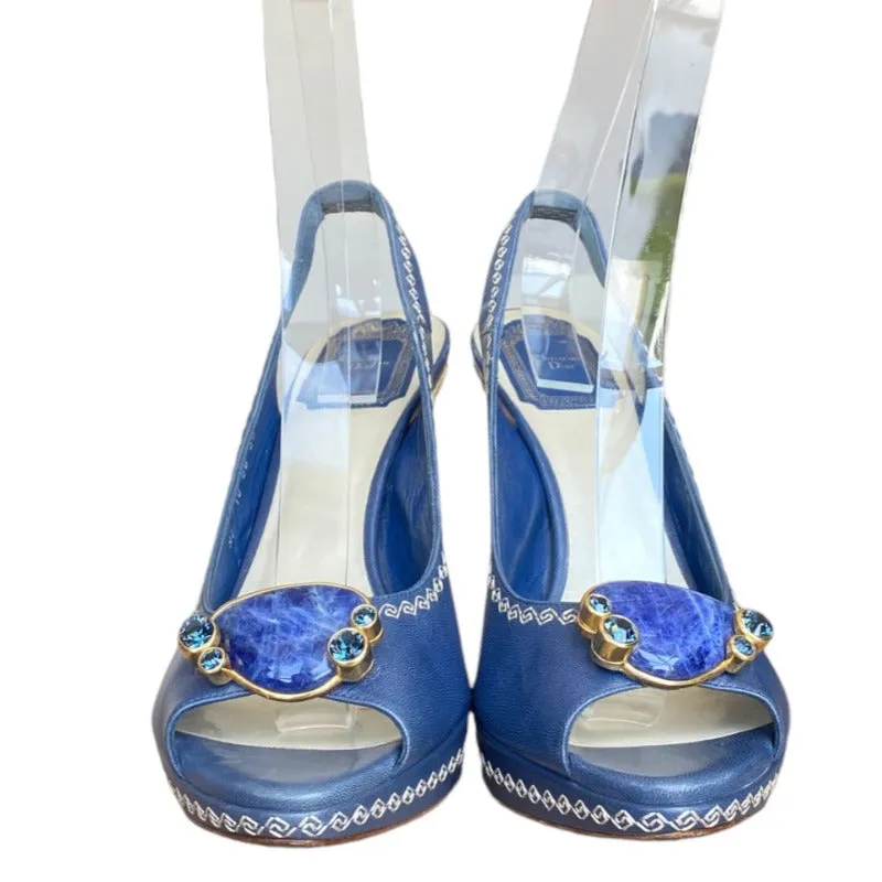 CHRISTIAN DIOR Navy Leather Blue Jeweled, Straw & Gold Heels Slingbacks Size 38