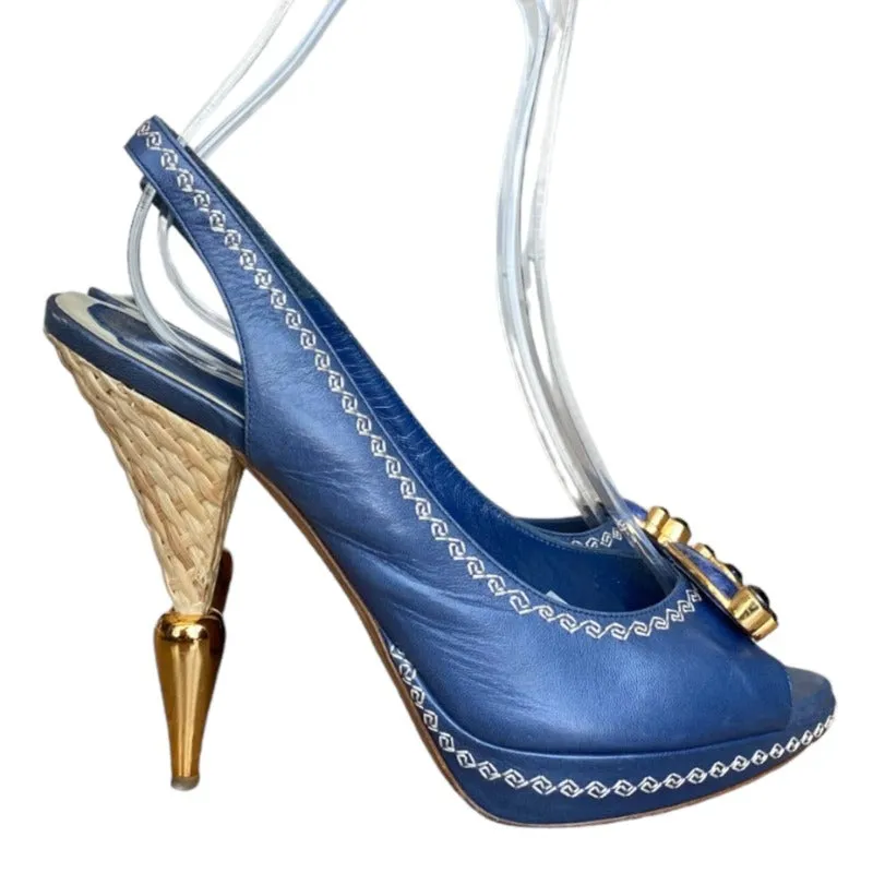 CHRISTIAN DIOR Navy Leather Blue Jeweled, Straw & Gold Heels Slingbacks Size 38