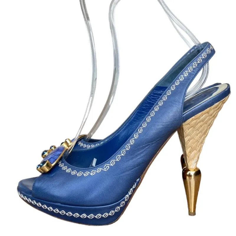 CHRISTIAN DIOR Navy Leather Blue Jeweled, Straw & Gold Heels Slingbacks Size 38