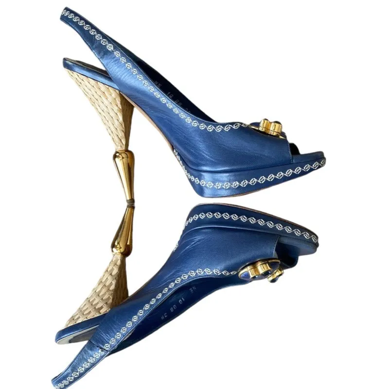CHRISTIAN DIOR Navy Leather Blue Jeweled, Straw & Gold Heels Slingbacks Size 38