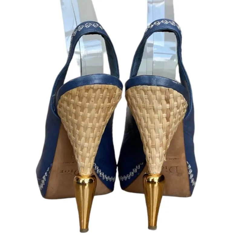 CHRISTIAN DIOR Navy Leather Blue Jeweled, Straw & Gold Heels Slingbacks Size 38