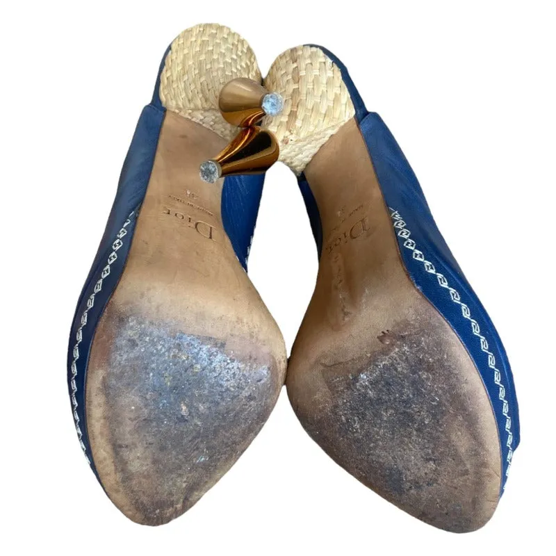 CHRISTIAN DIOR Navy Leather Blue Jeweled, Straw & Gold Heels Slingbacks Size 38