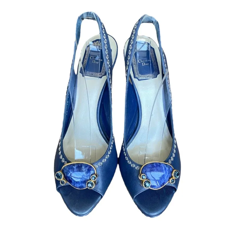 CHRISTIAN DIOR Navy Leather Blue Jeweled, Straw & Gold Heels Slingbacks Size 38