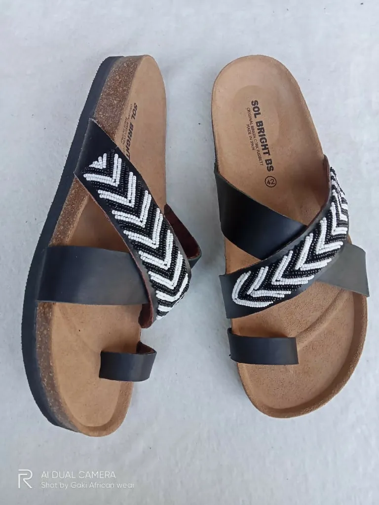 Cork Sole Sandals- Black & White