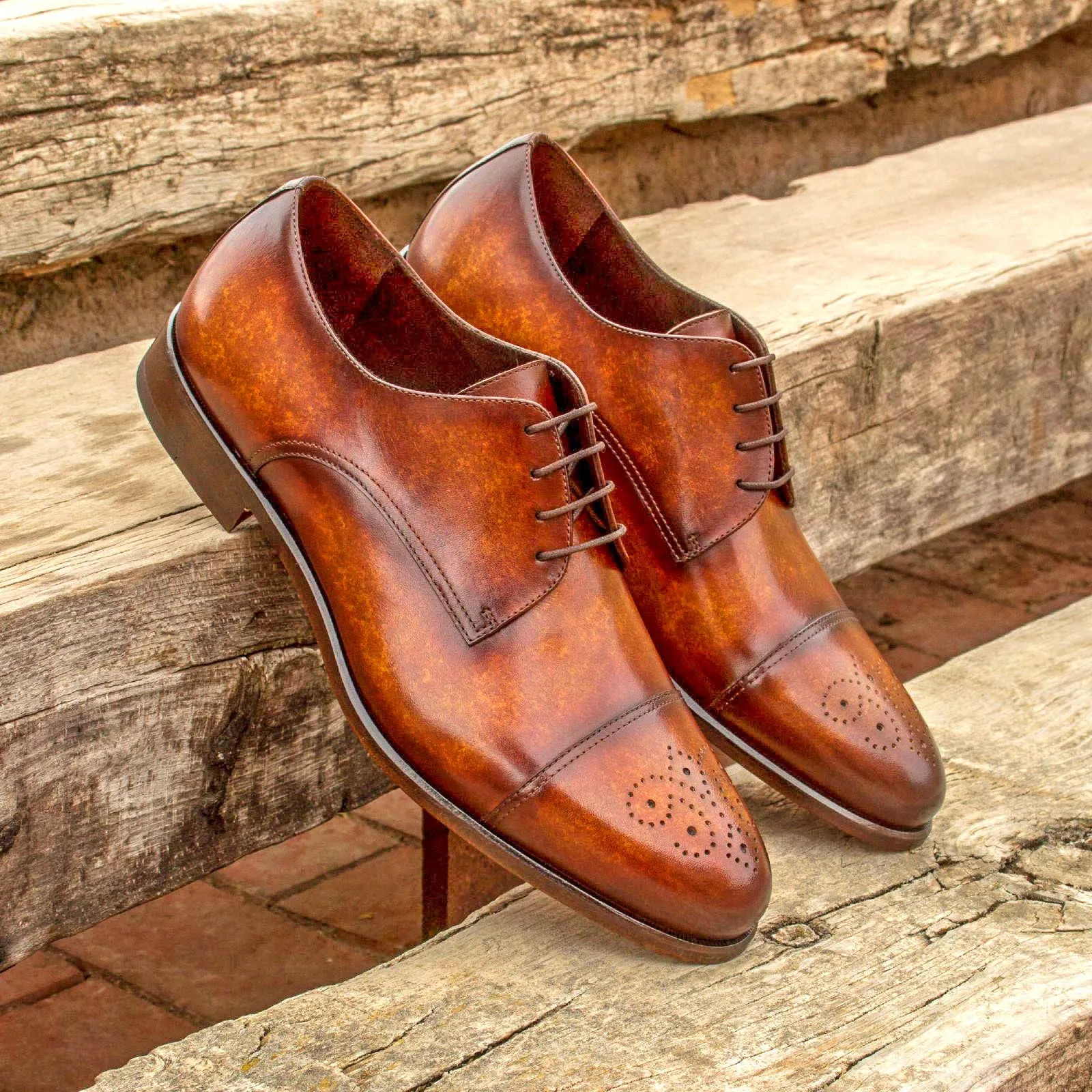 DapperFam Vero in Cognac Men's Hand-Painted Patina Derby