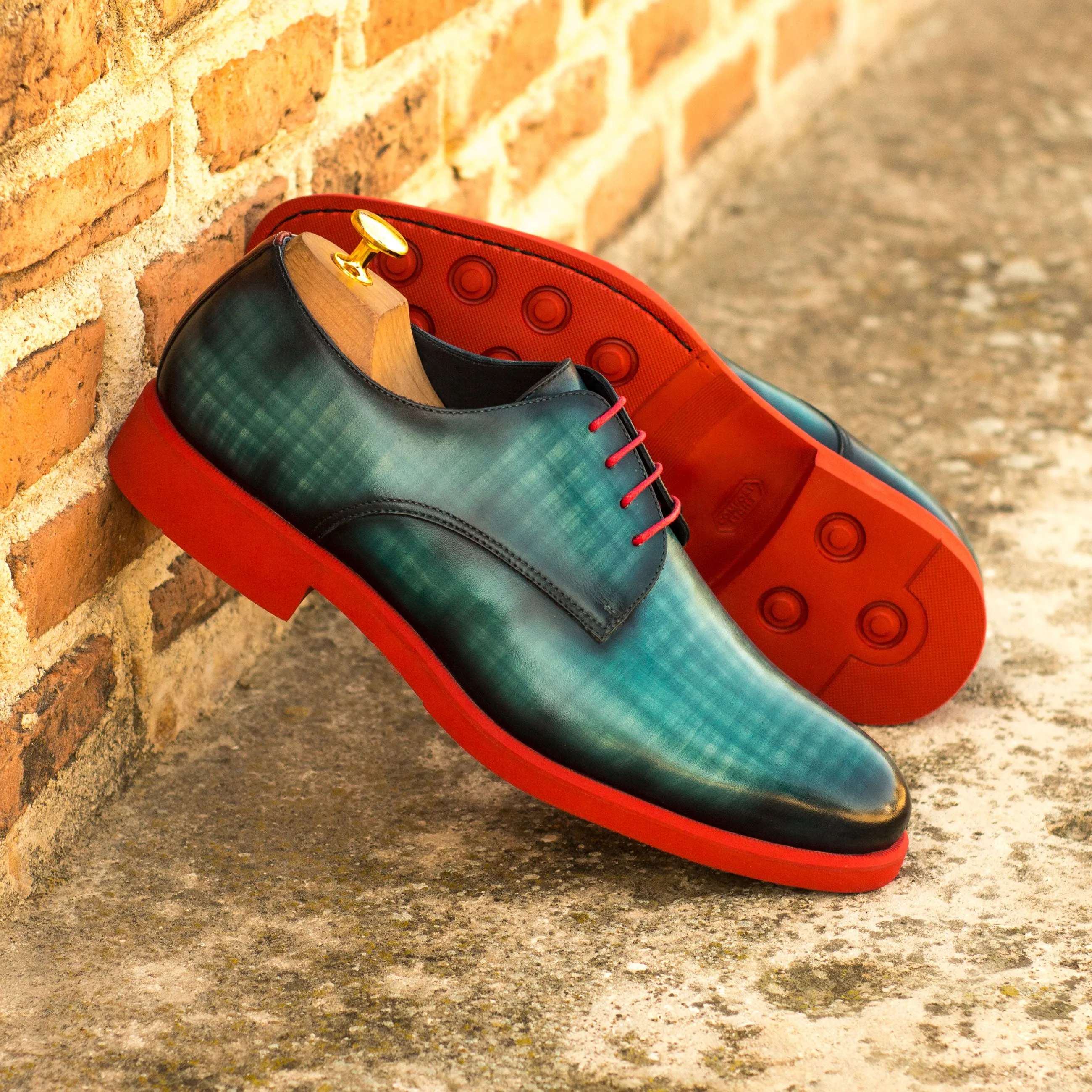DapperFam Vero in Turquoise / Red Men's Italian Leather & Hand-Painted Patina Derby