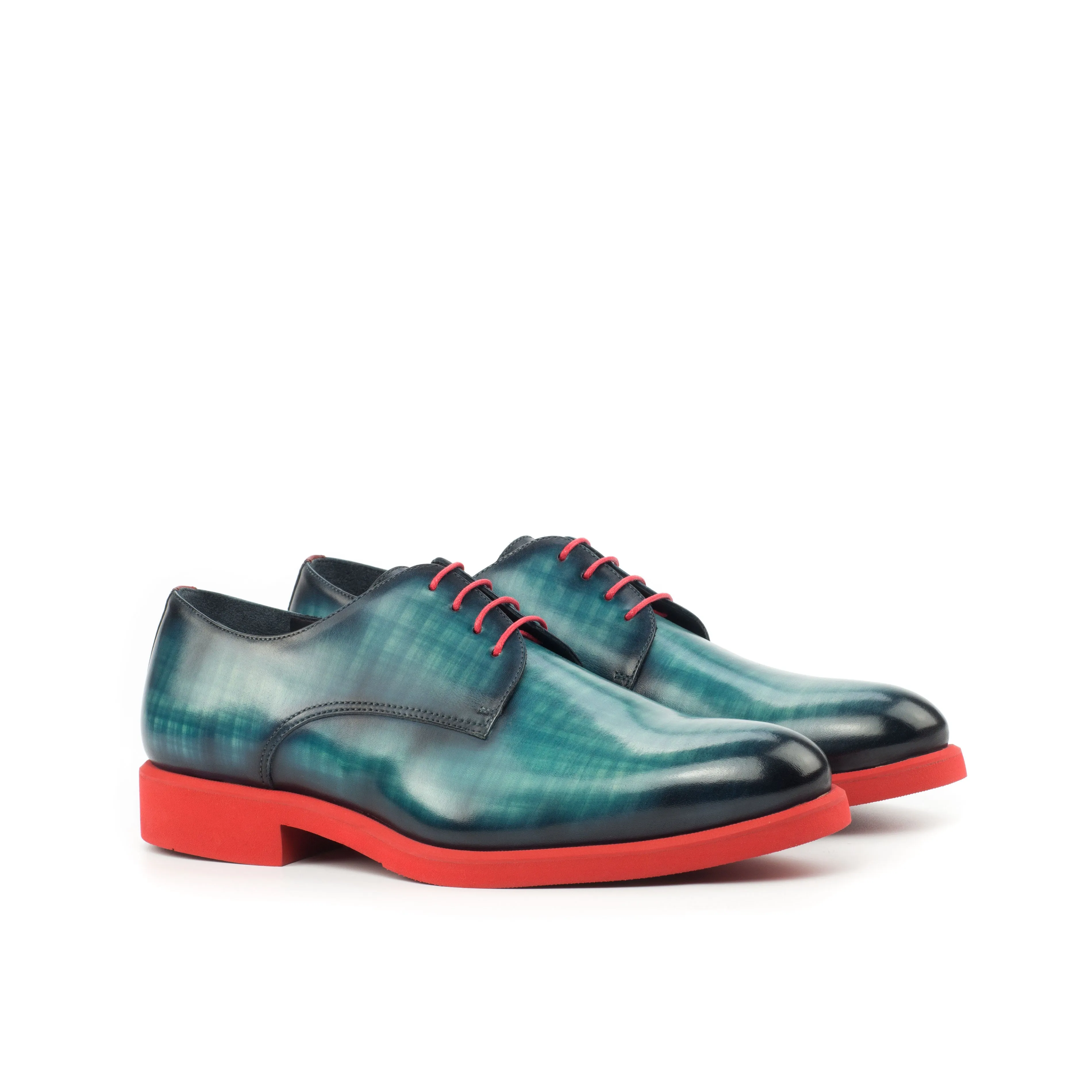 DapperFam Vero in Turquoise / Red Men's Italian Leather & Hand-Painted Patina Derby