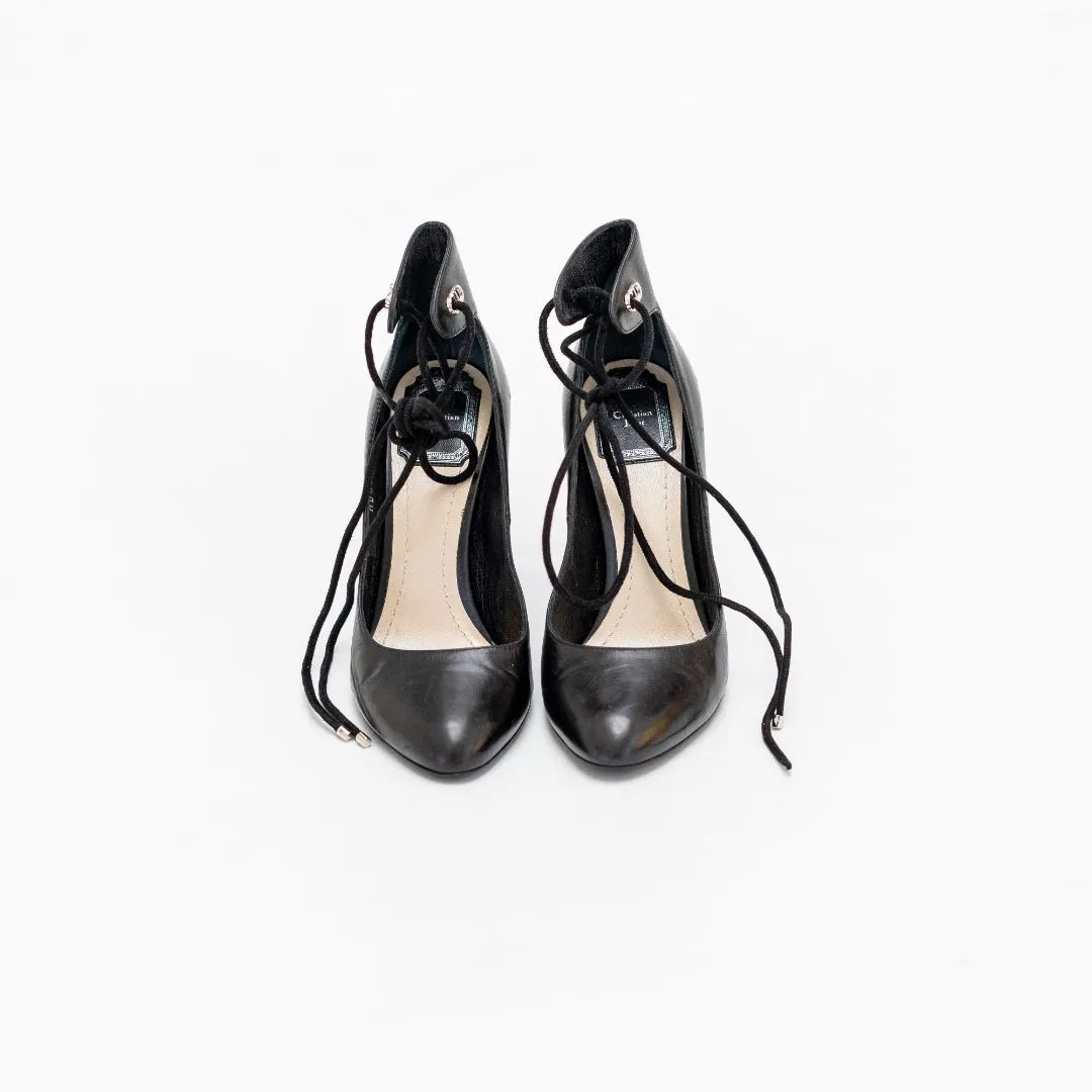 Dior Black Leather Stellar Block Heel Ankle Tie Pumps, 37