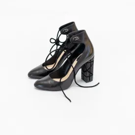 Dior Black Leather Stellar Block Heel Ankle Tie Pumps, 37
