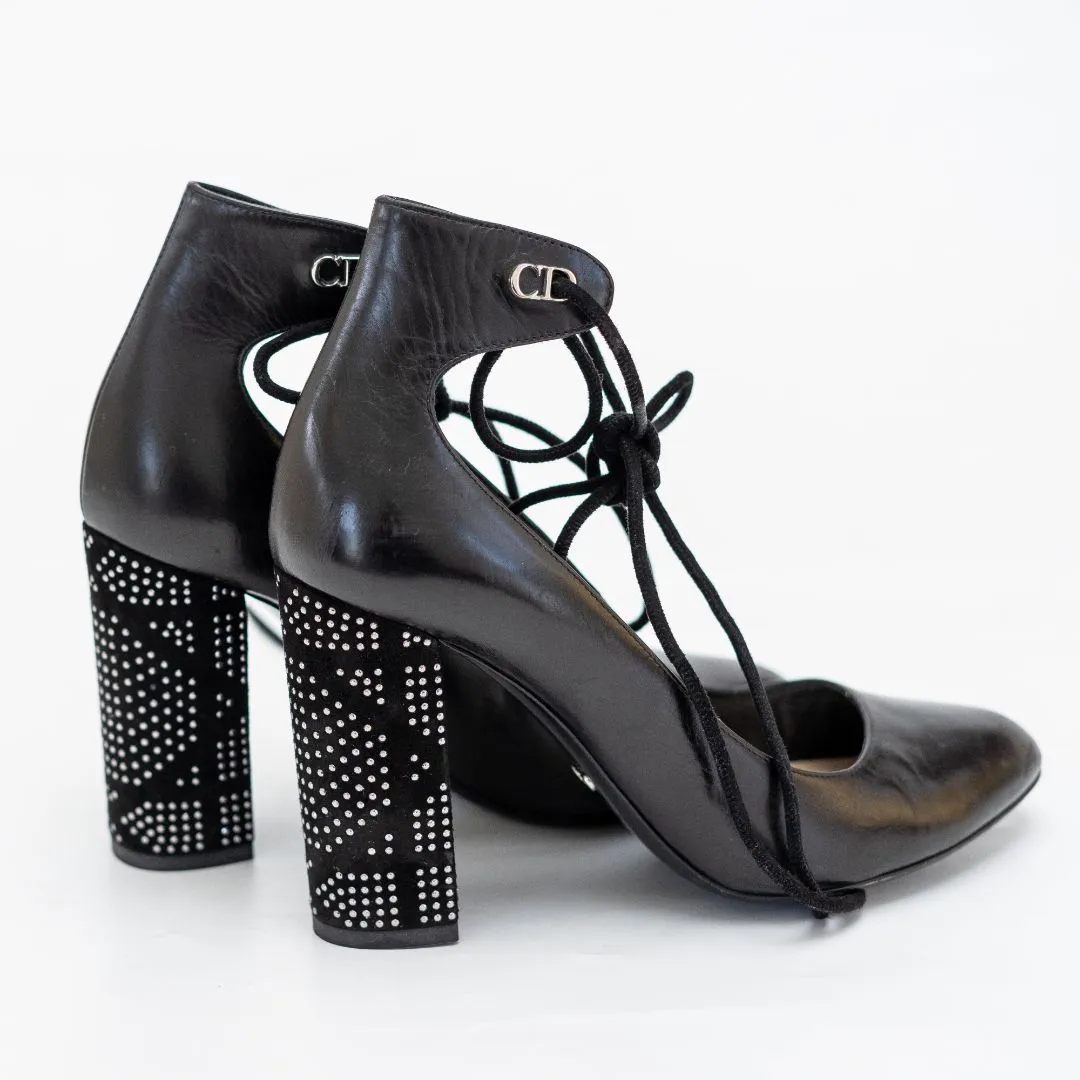 Dior Black Leather Stellar Block Heel Ankle Tie Pumps, 37