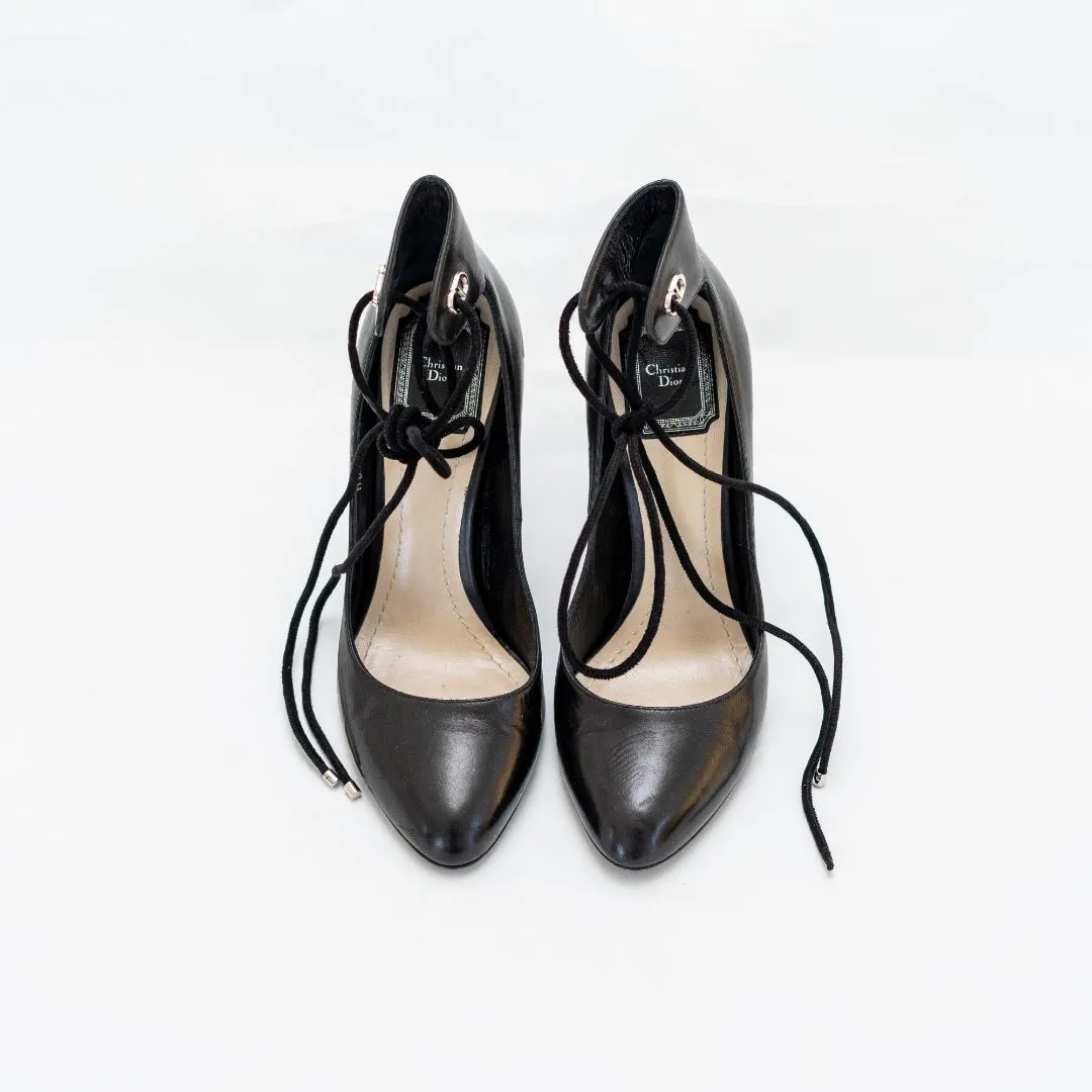 Dior Black Leather Stellar Block Heel Ankle Tie Pumps, 37