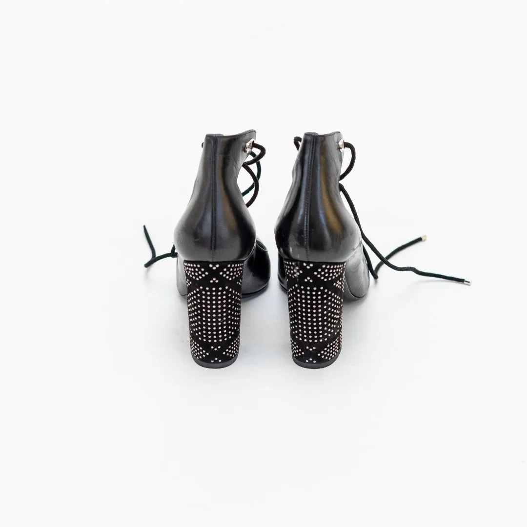 Dior Black Leather Stellar Block Heel Ankle Tie Pumps, 37