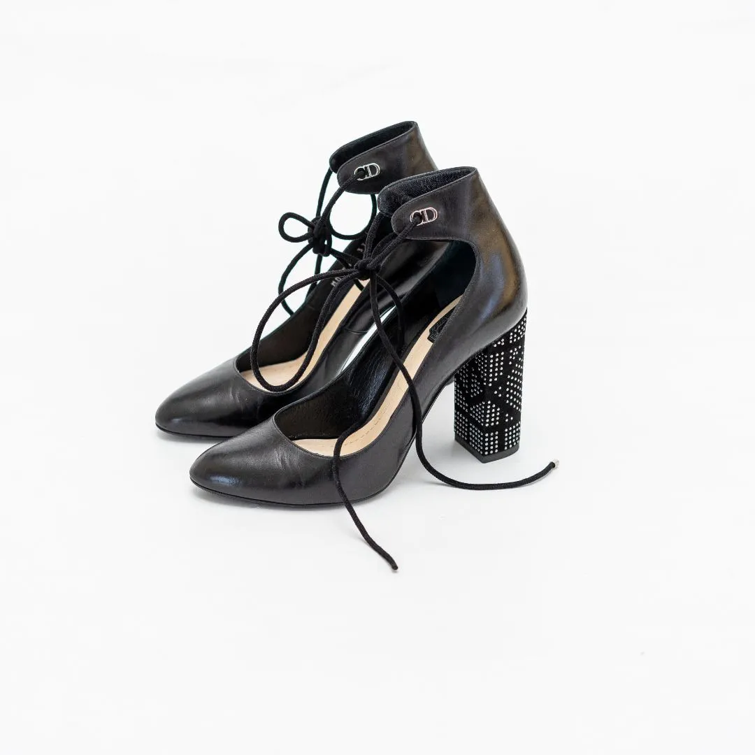 Dior Black Leather Stellar Block Heel Ankle Tie Pumps, 37