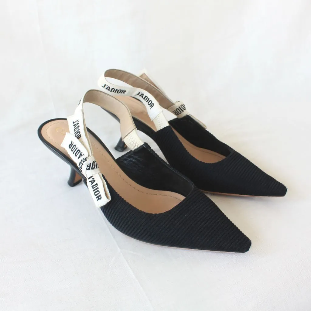 Dior J’adior black technical fabric pointed toe slingback pumps, 36.5