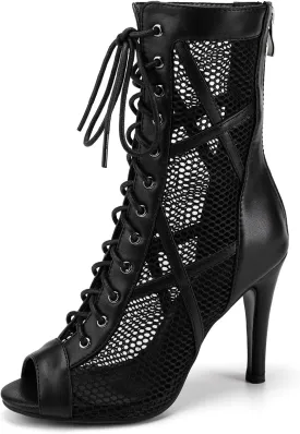 DKZSYIM Open Toe Dance Boots Women Latin Salsa Ballroom Lace-up Dance Shoes,Model K99