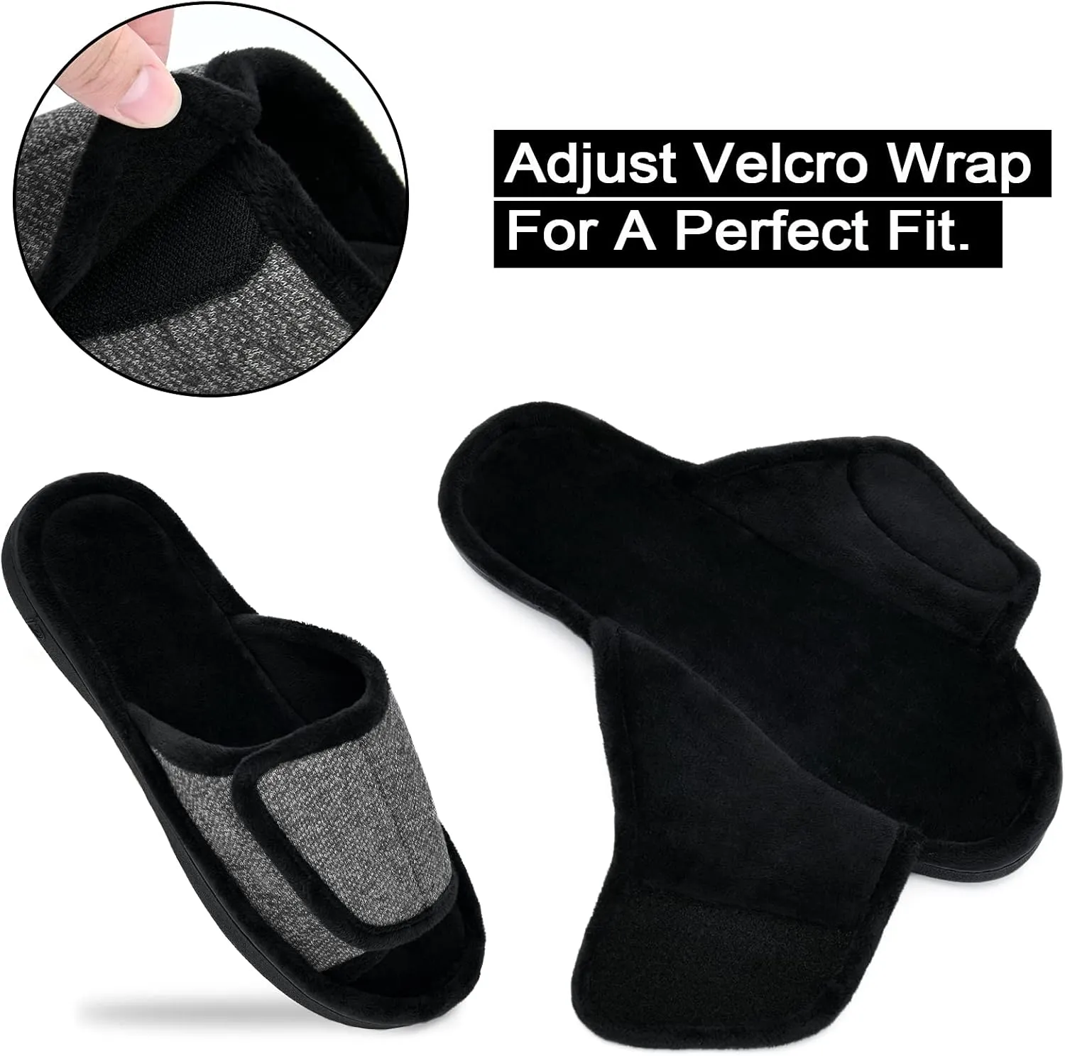 DL Adjustable Men's Memory Foam Slippers, Comfy Indoor Outdoor, Breathable Slide Bedroom Velcor Slippers Size 7-14 Black, Gray, Navy, Brown