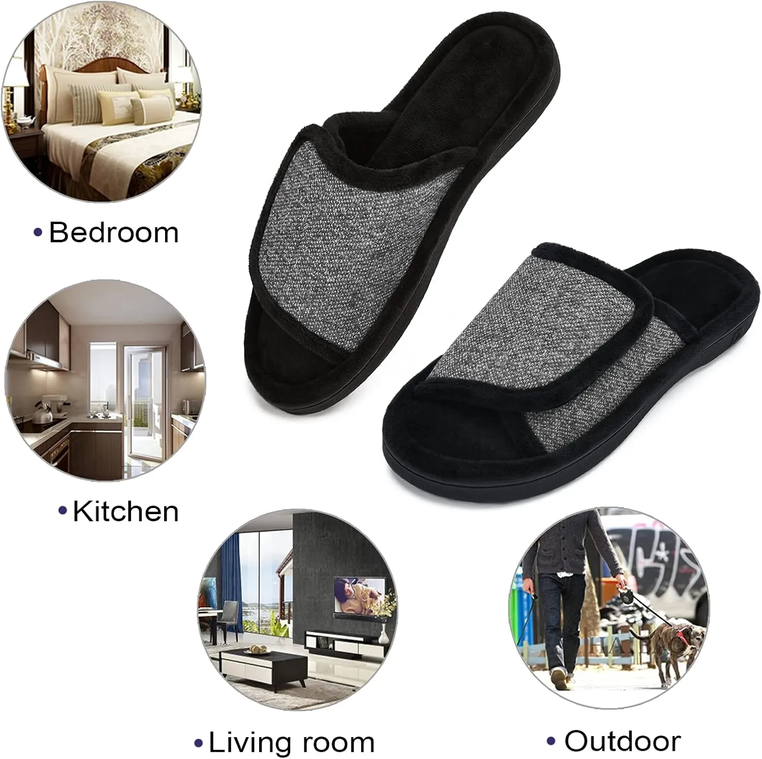 DL Adjustable Men's Memory Foam Slippers, Comfy Indoor Outdoor, Breathable Slide Bedroom Velcor Slippers Size 7-14 Black, Gray, Navy, Brown