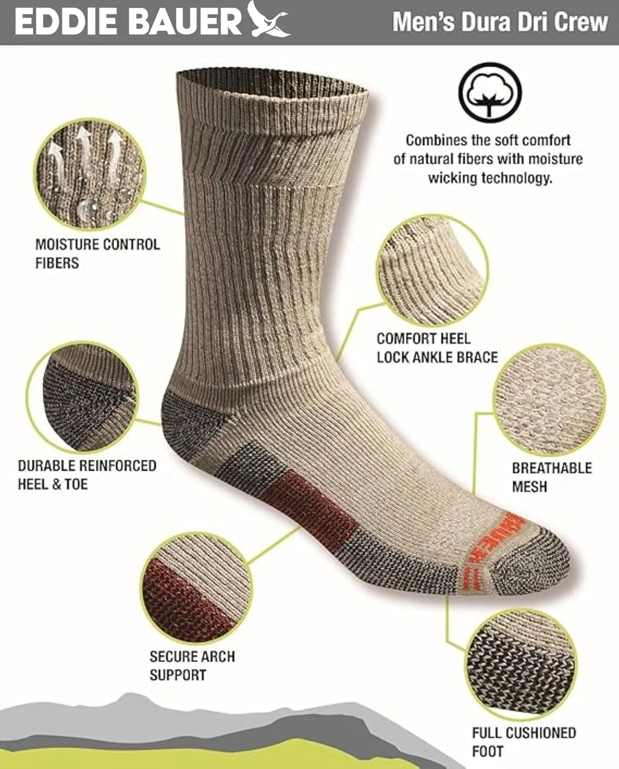Eddie Bauer Men's Dura Dri Moisture Control 6-Pair Crew Socks