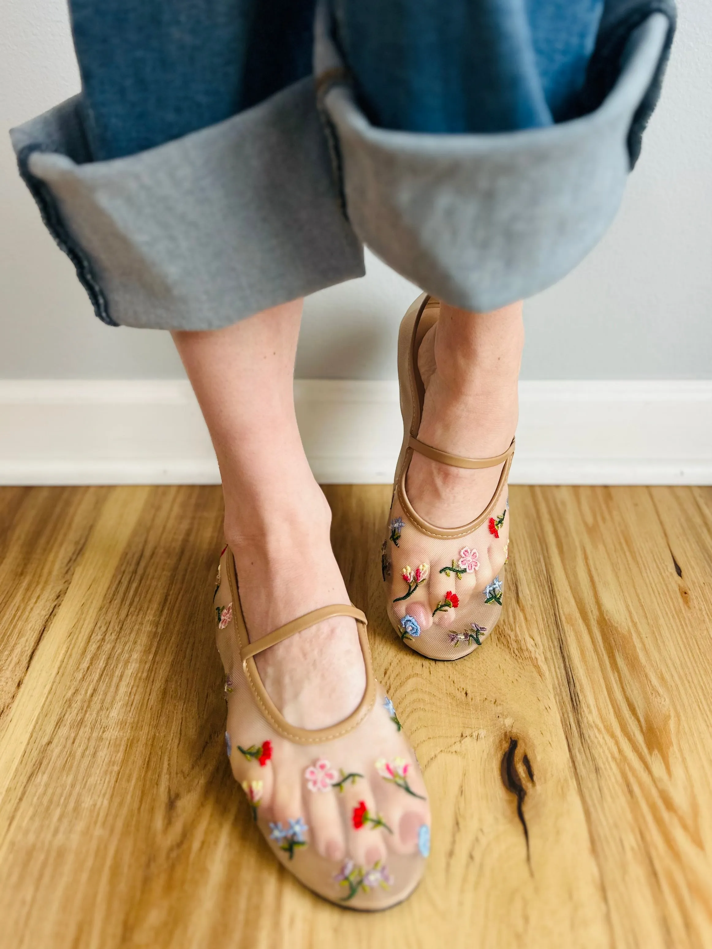 Floral Embroidered Mesh Ballet Flats
