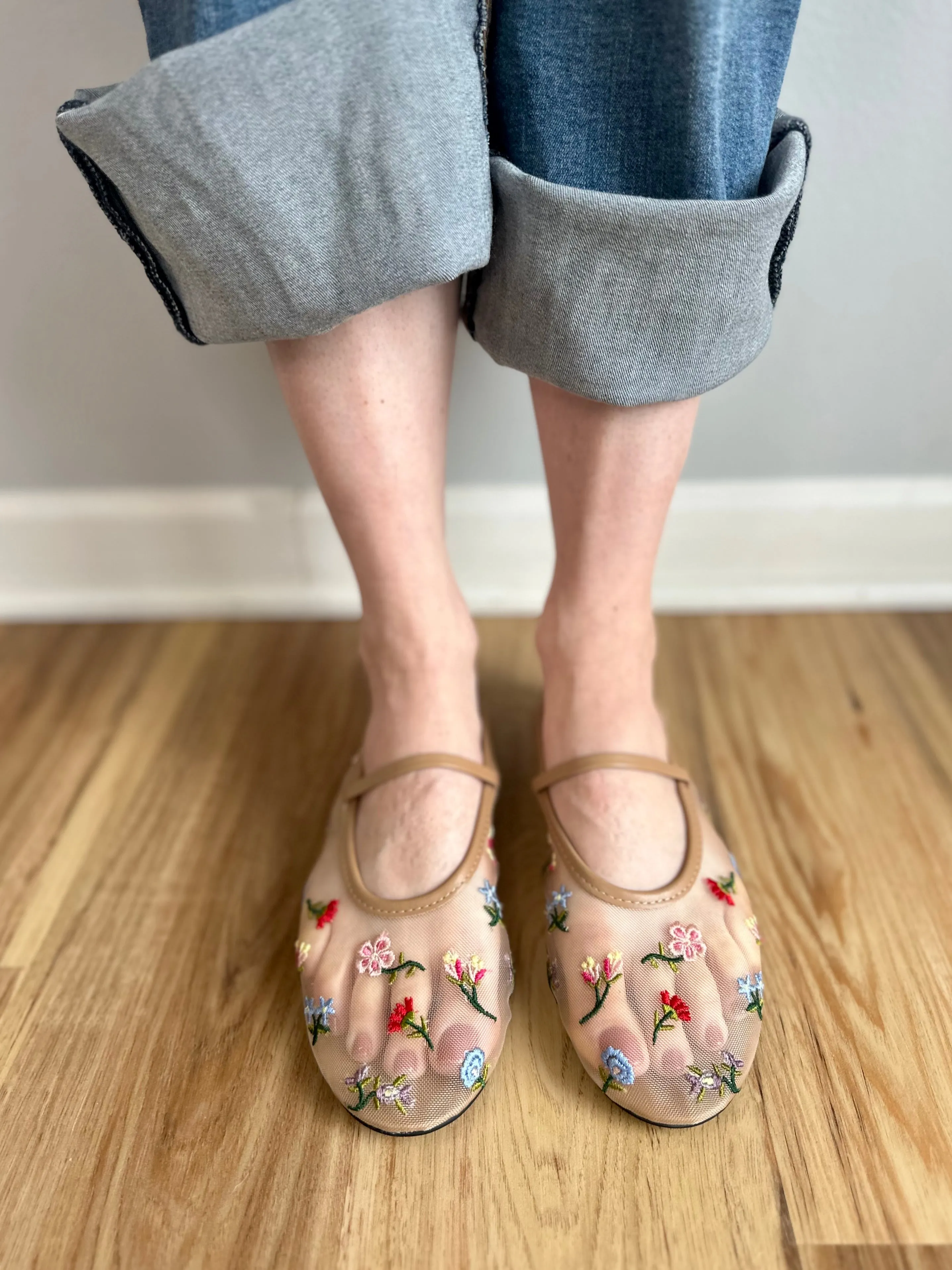 Floral Embroidered Mesh Ballet Flats