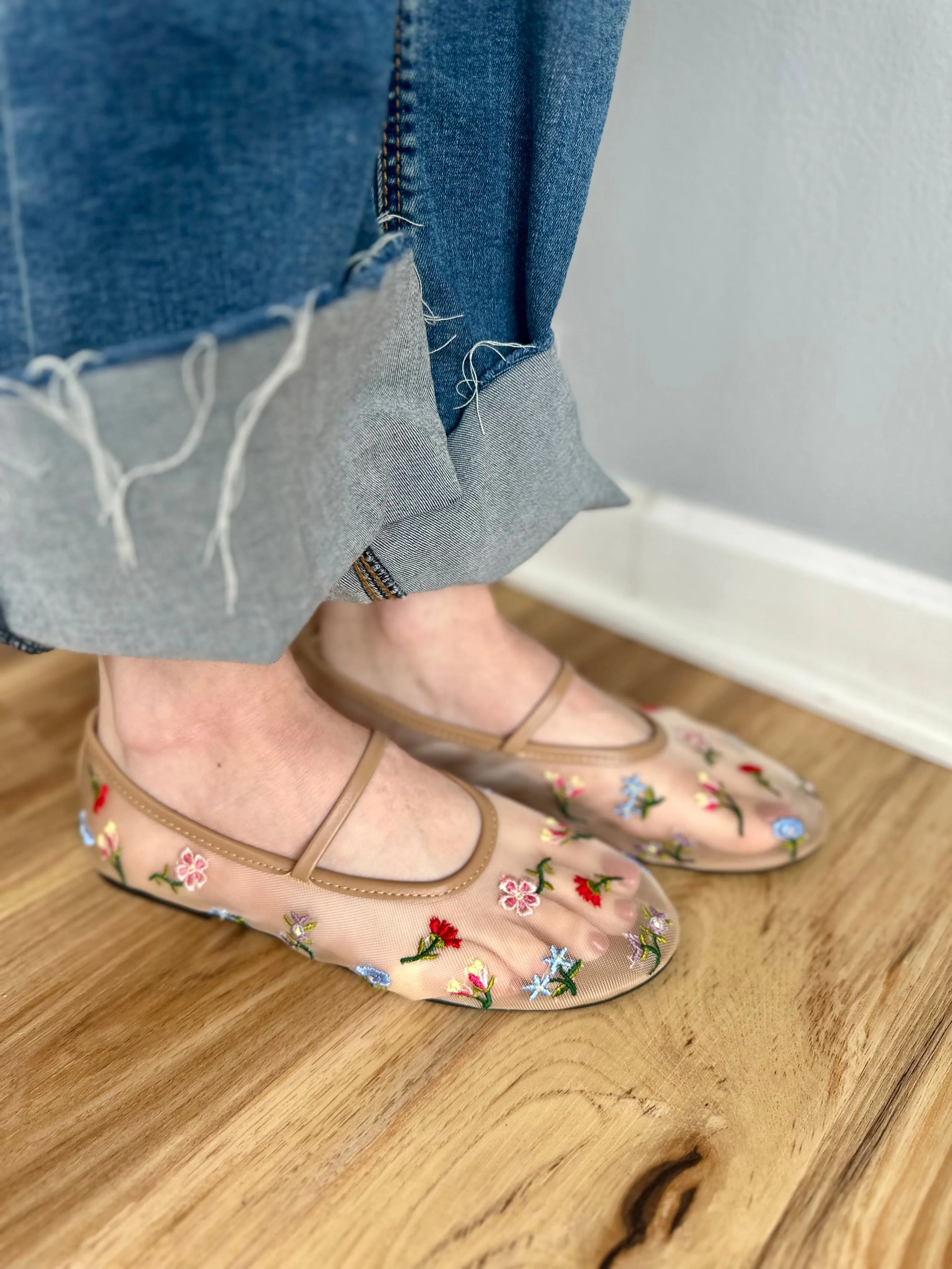 Floral Embroidered Mesh Ballet Flats