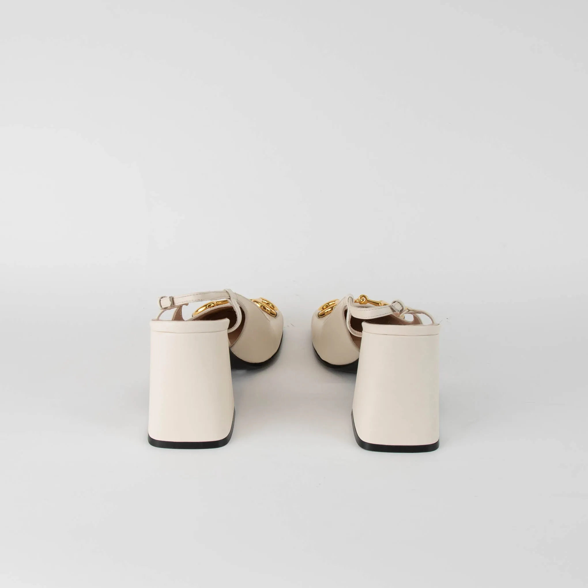 Gucci Cream Leather Horsebit Square Toe Slingbacks