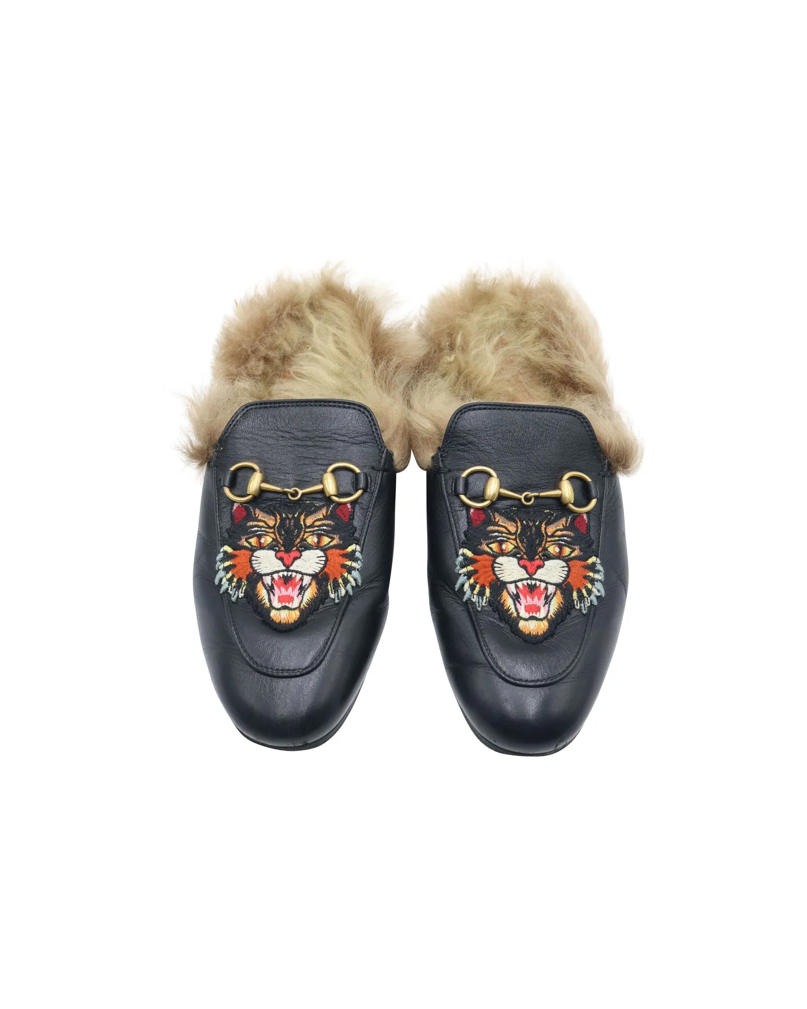 Gucci Princetown slippers with Angry Cat Appliqué in Black Leather