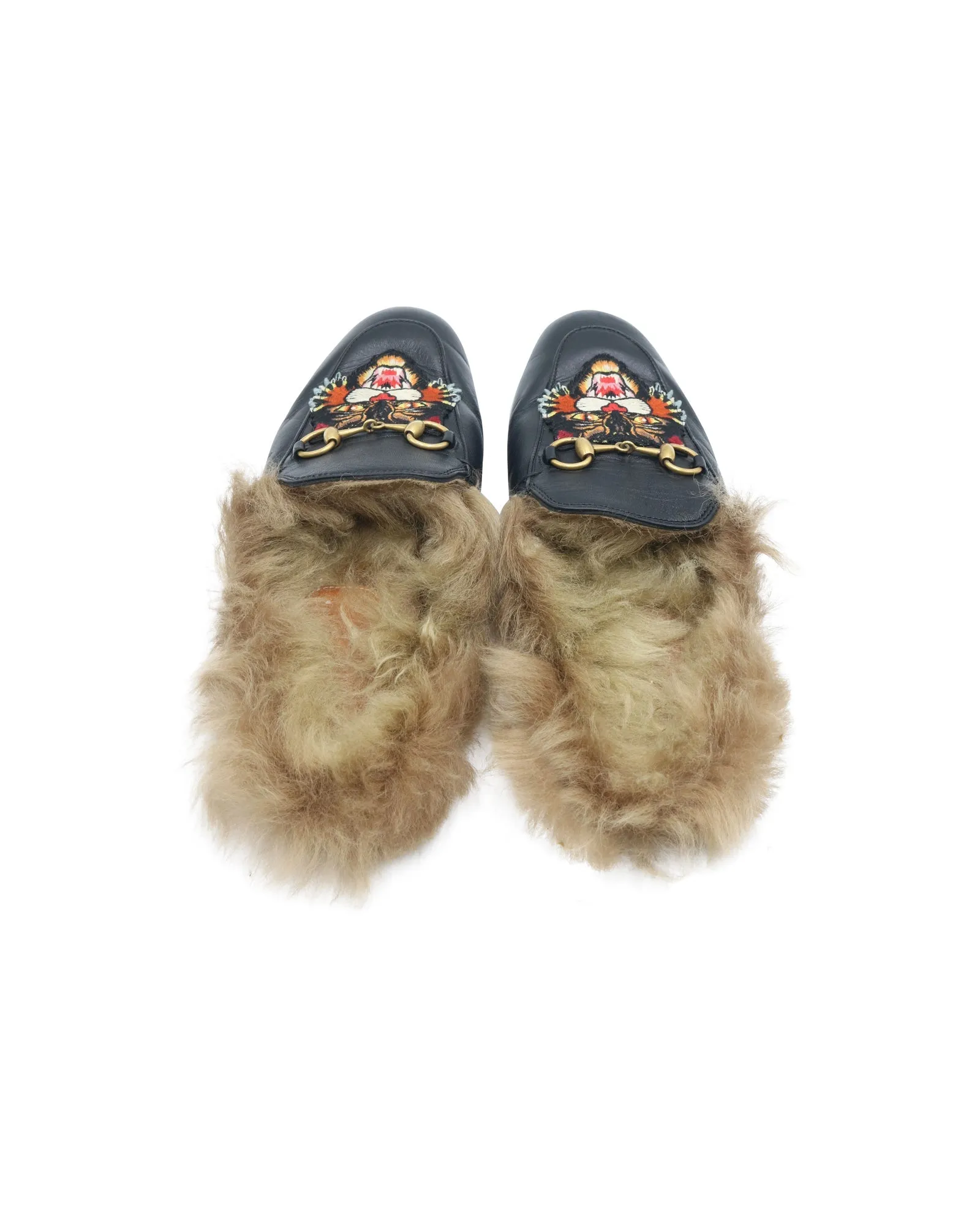 Gucci Princetown slippers with Angry Cat Appliqué in Black Leather