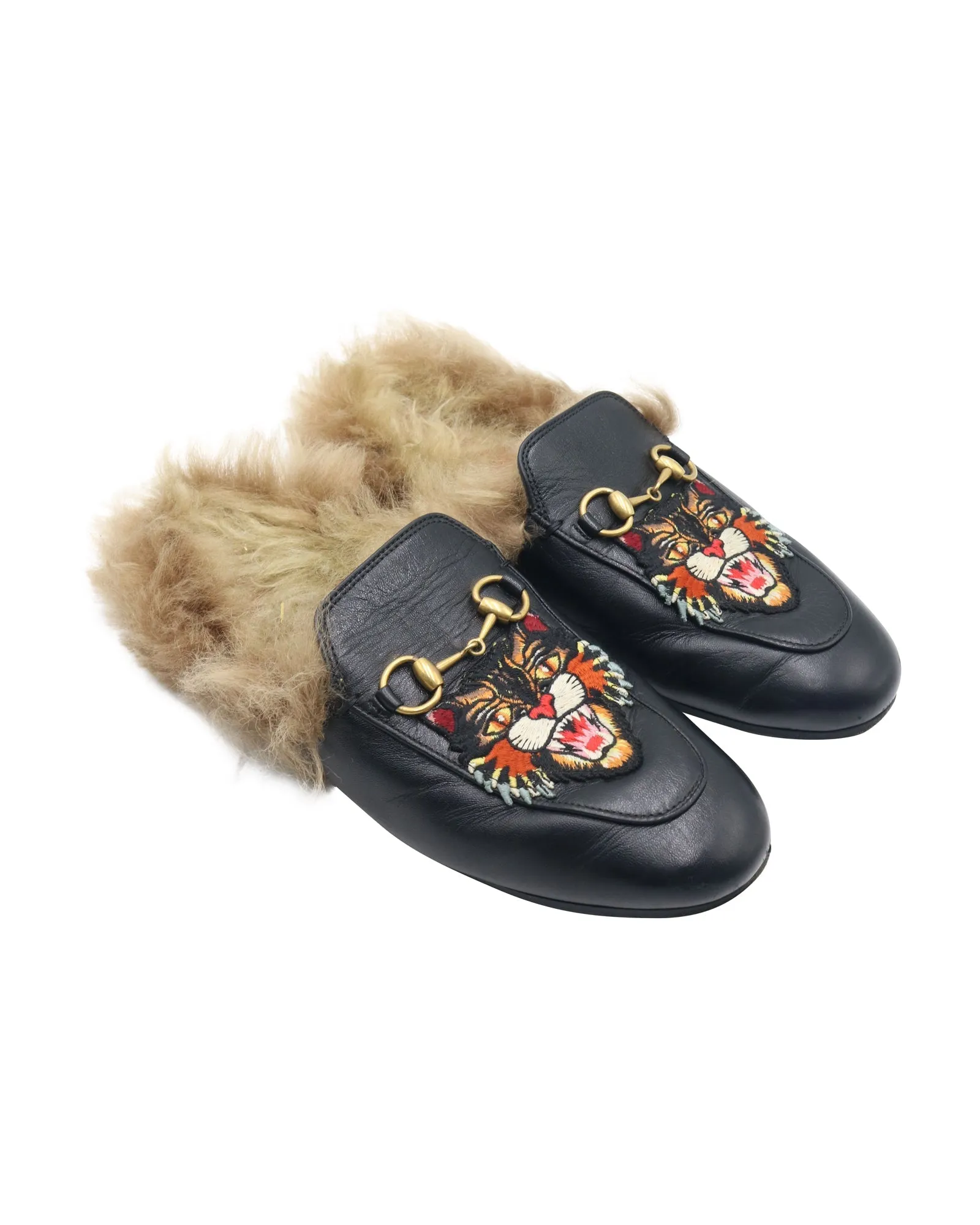 Gucci Princetown slippers with Angry Cat Appliqué in Black Leather