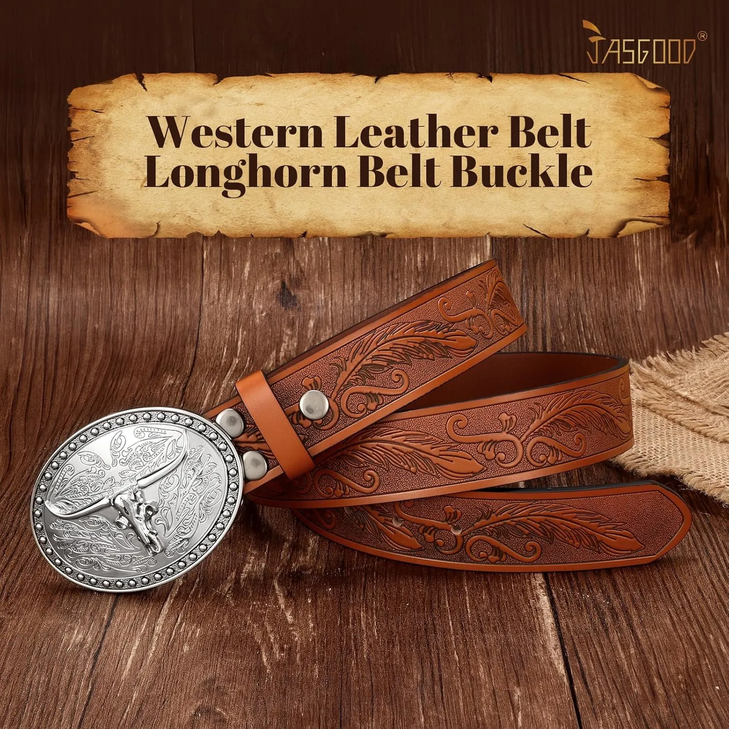 JASGOOD Western Belt Cowboy Belts for Men Women, Cowgirl Western Country Leather Belts Leather Belt for Jeans Pants