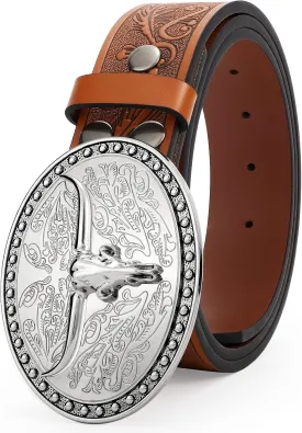 JASGOOD Western Belt Cowboy Belts for Men Women, Cowgirl Western Country Leather Belts Leather Belt for Jeans Pants