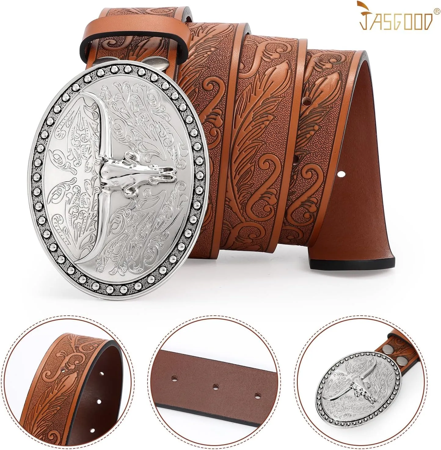 JASGOOD Western Belt Cowboy Belts for Men Women, Cowgirl Western Country Leather Belts Leather Belt for Jeans Pants