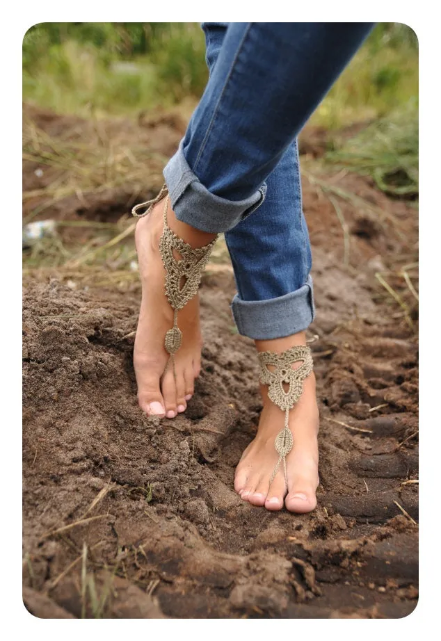 Khaki Triangle Floral Crochet Barefoot Sandals