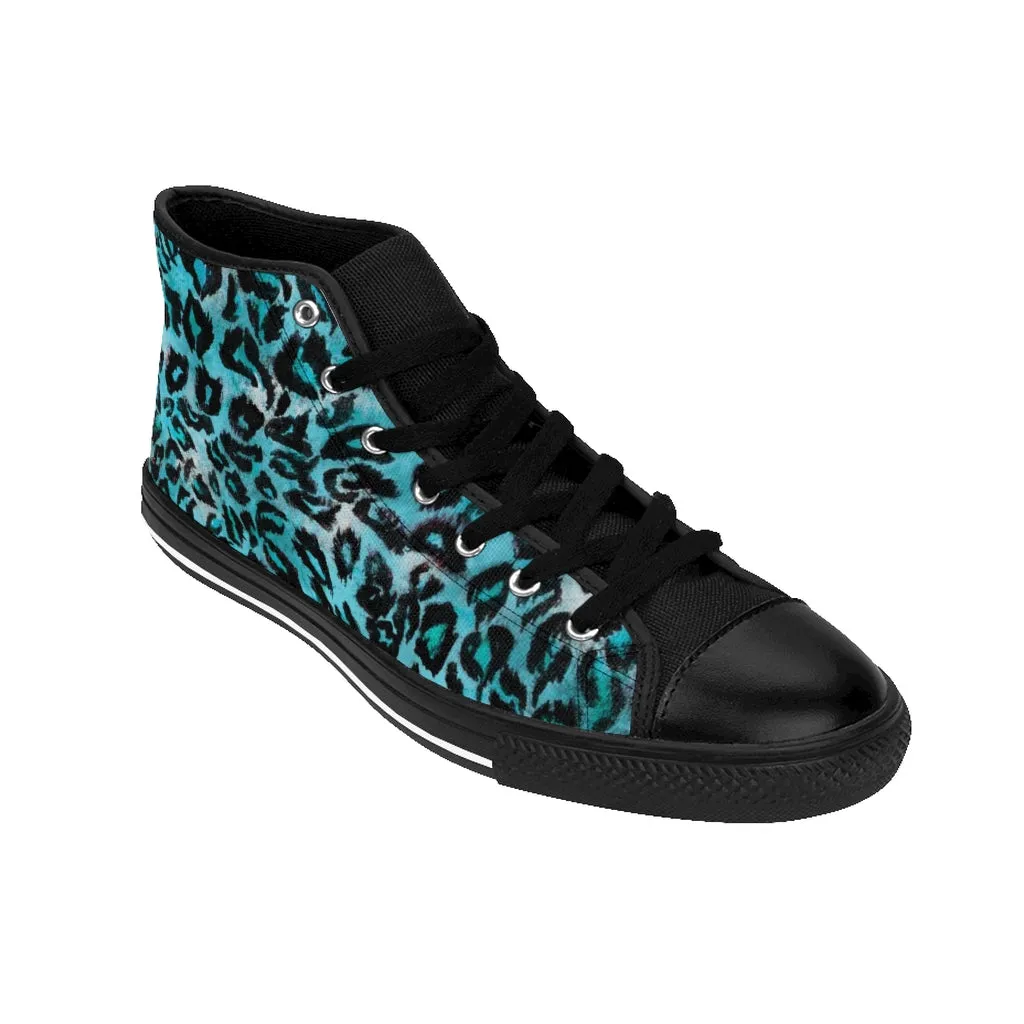 Light Blue Leopard Women's Sneakers, Animal Print High-top Fashion Ladies Tennis Shoes