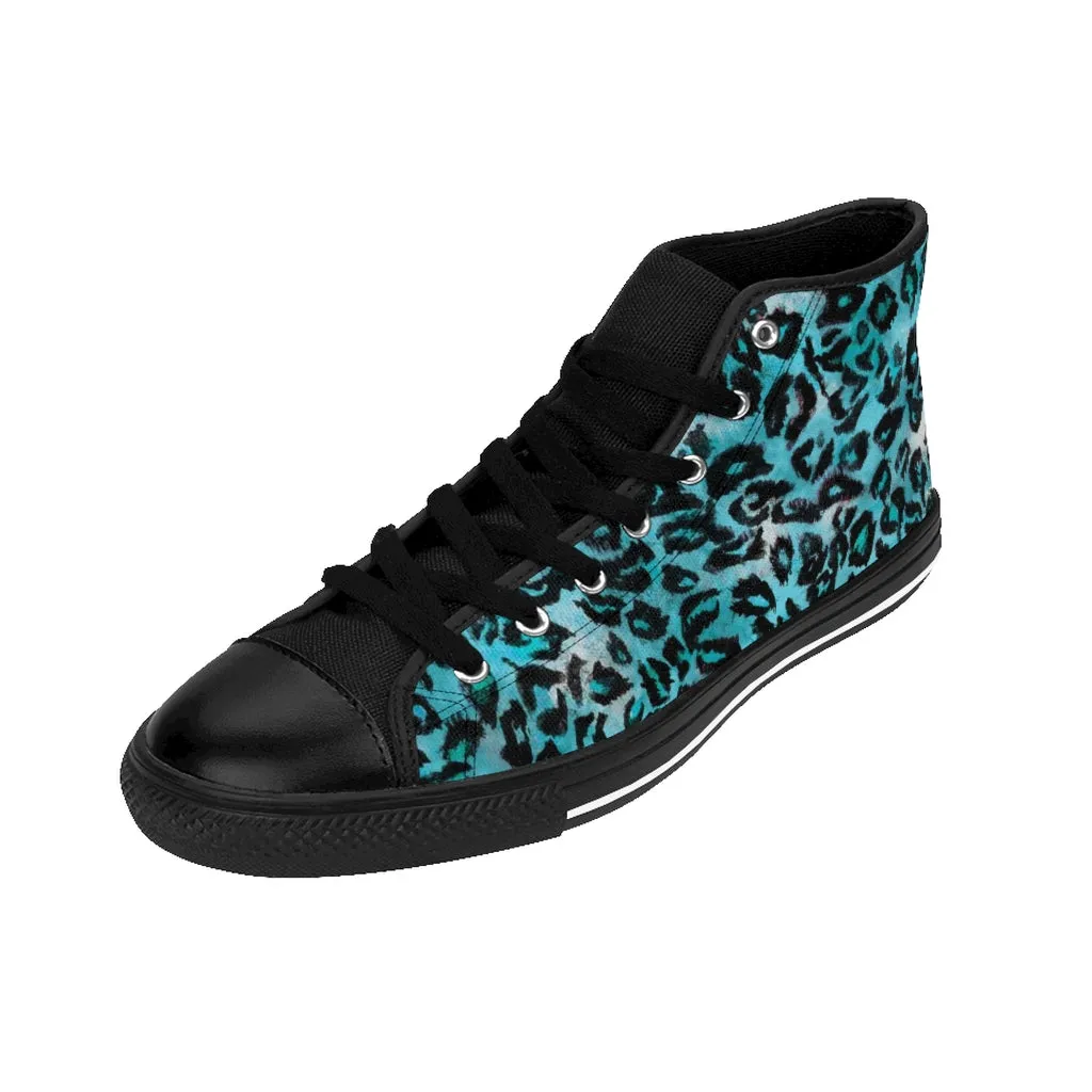 Light Blue Leopard Women's Sneakers, Animal Print High-top Fashion Ladies Tennis Shoes