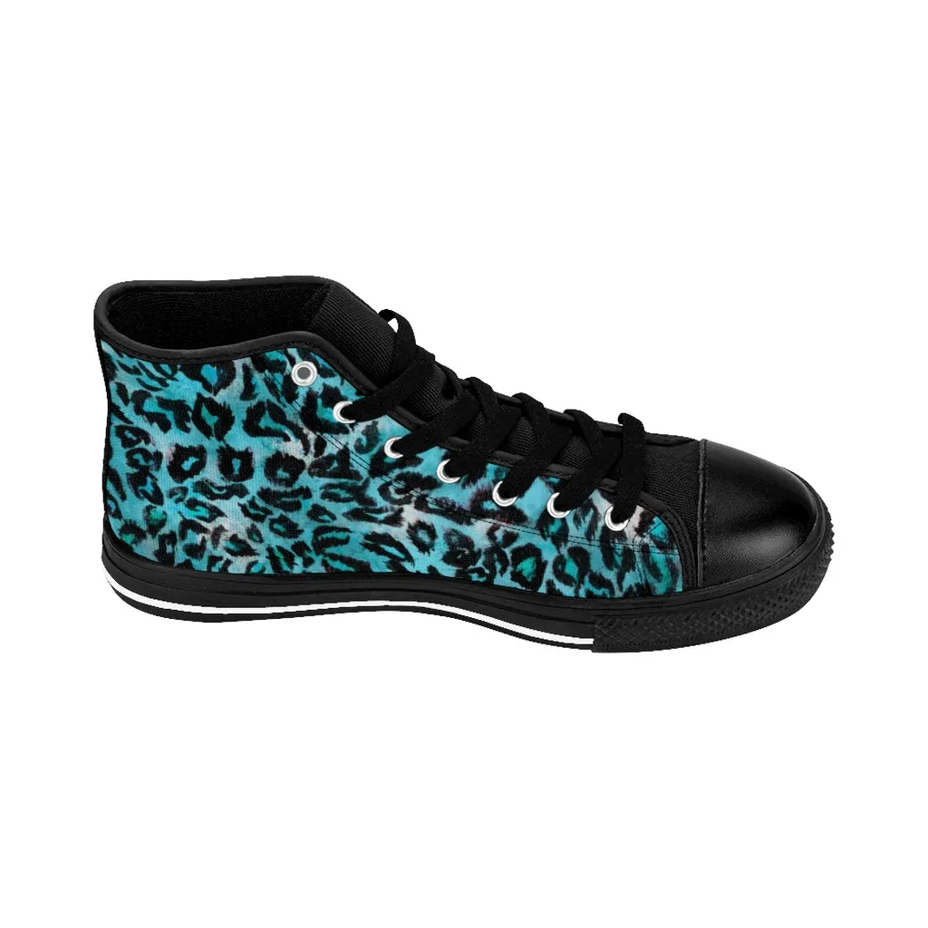 Light Blue Leopard Women's Sneakers, Animal Print High-top Fashion Ladies Tennis Shoes