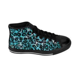 Light Blue Leopard Women's Sneakers, Animal Print High-top Fashion Ladies Tennis Shoes