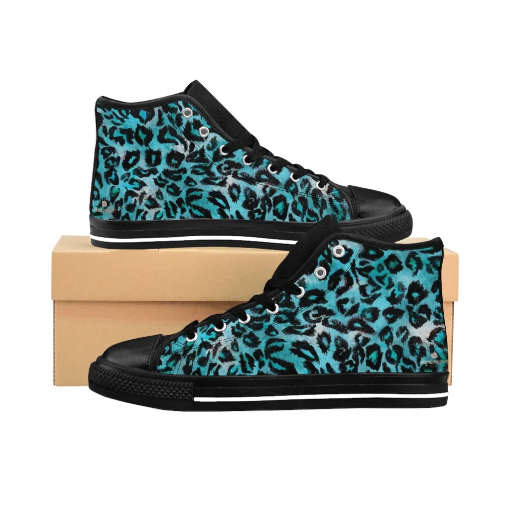 Light Blue Leopard Women's Sneakers, Animal Print High-top Fashion Ladies Tennis Shoes