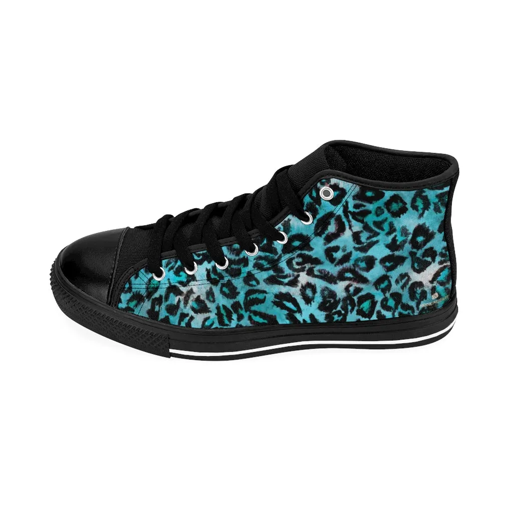 Light Blue Leopard Women's Sneakers, Animal Print High-top Fashion Ladies Tennis Shoes