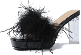 LIURUIJIA Women's Square Toe Platform Chunky Heel Slip on Sandals Feather Fuzzy Heels Mules Wedding Bridal Party Dress Shoes