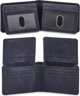 Mens Wallet Real Leather Bifold RFID Blocking High Capacity Card Case with 2 ID Window in Gift Box (Crazy Horse, Navy)