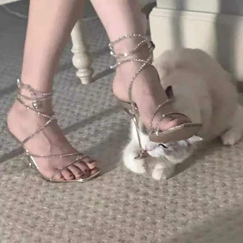 New Arrival Square Toe Crystal Strappy Roman Sandals
