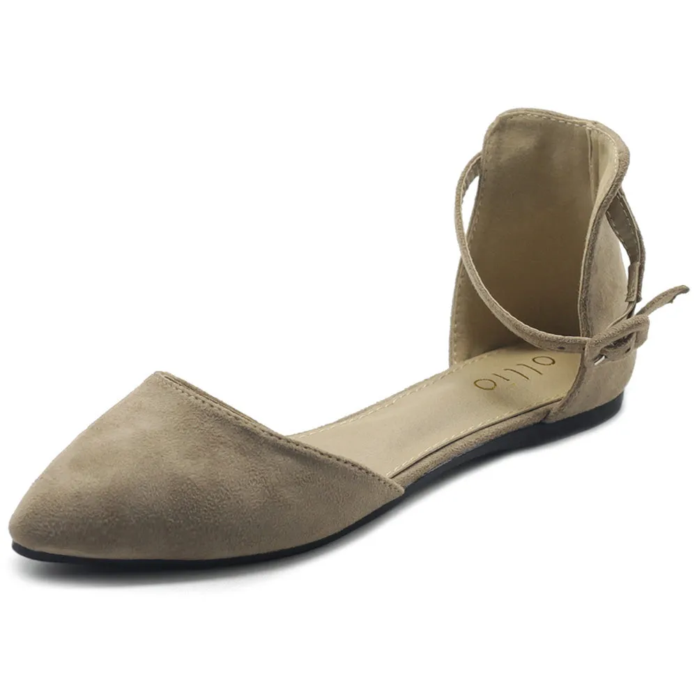 Ollio Women's Shoes Faux Suede Ankle Straps D'Orsay Pointed Toe Ballet Flats