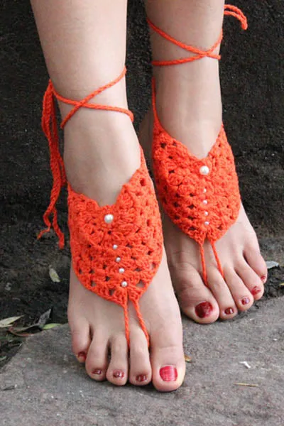 Orange Pearl Embellished Crochet Barefoot Sandals