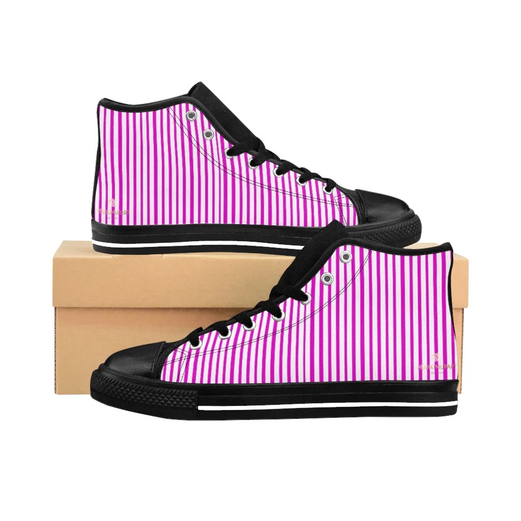 Pink Striped Men's High-top Sneakers, Vertically Stripes Men's Designer Tennis Running Shoes
